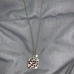 Ann Taylor Leopard Print Square Pendant Necklace Rhinestone Silver Tone Chain 16